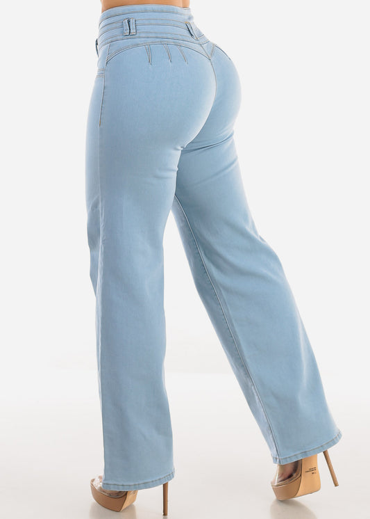 Butt Lifting Straight Wide Leg Jeans Light Blue