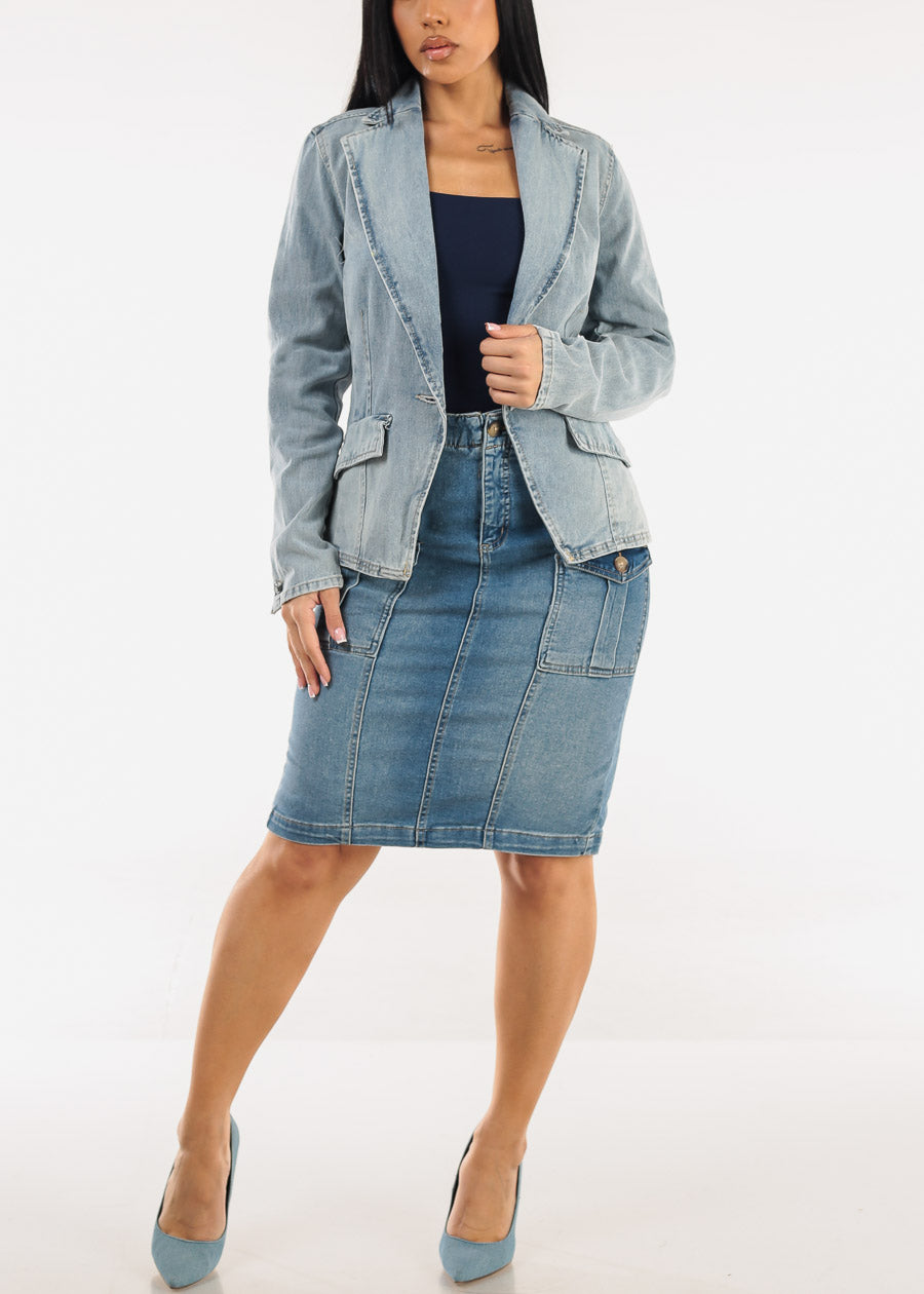 Butt Lift Stretch Cargo Denim Pencil Skirt Med Wash