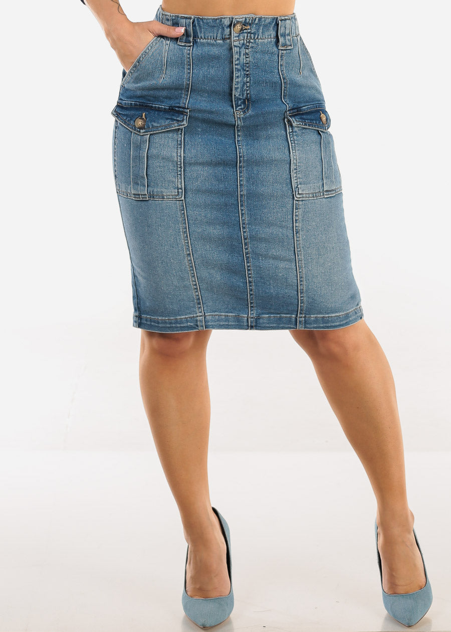 Butt Lift Stretch Cargo Denim Pencil Skirt Med Wash
