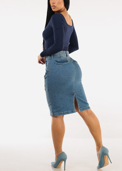 Butt Lift Stretch Cargo Denim Pencil Skirt Med Wash
