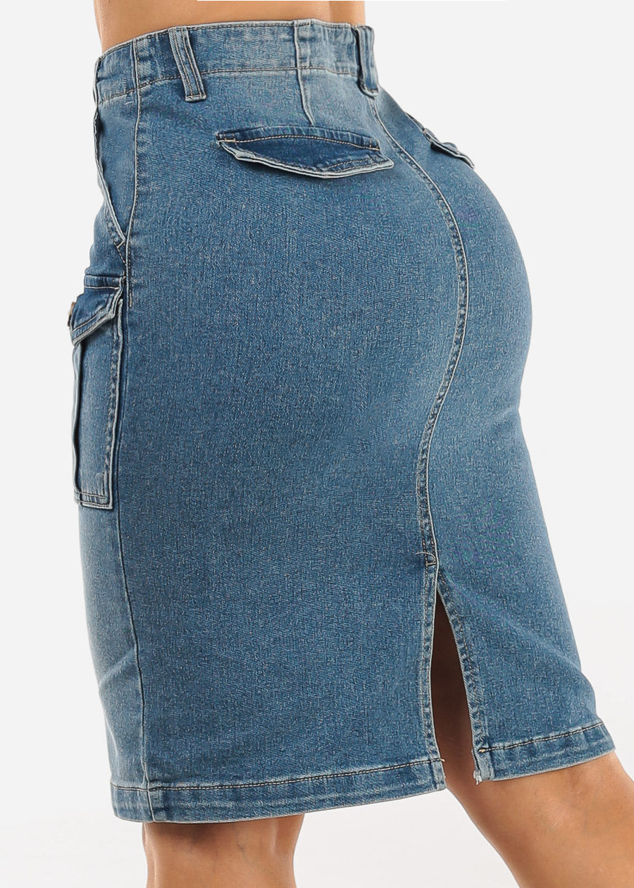 Butt Lift Stretch Cargo Denim Pencil Skirt Med Wash