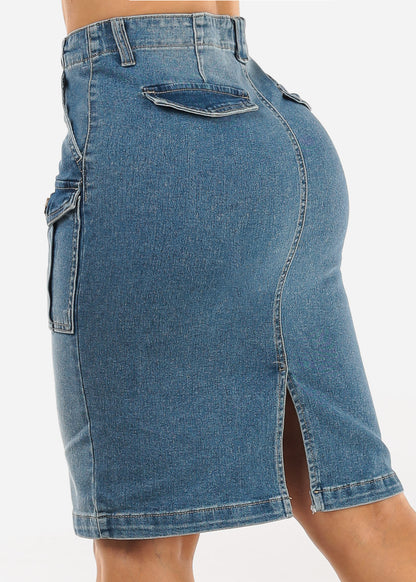 Butt Lift Stretch Cargo Denim Pencil Skirt Med Wash