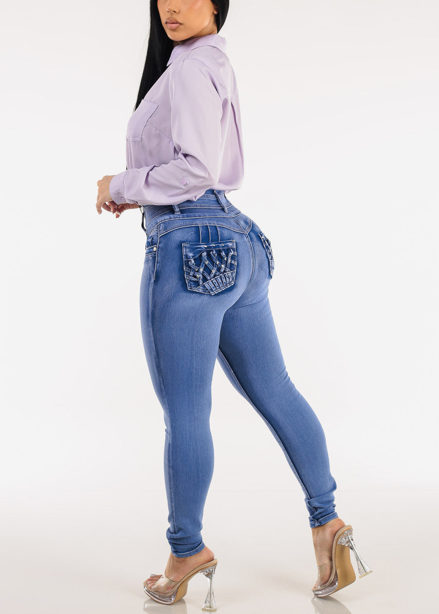 Butt Lift Super High Waist Stretch Skinny Jeans Light Sand Wash