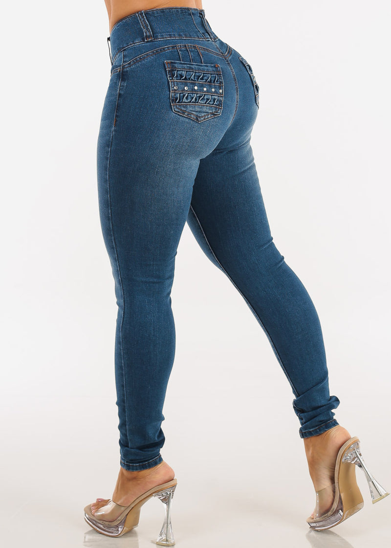 Levantacola Mid Rise Stretch Skinny Jeans Med Wash
