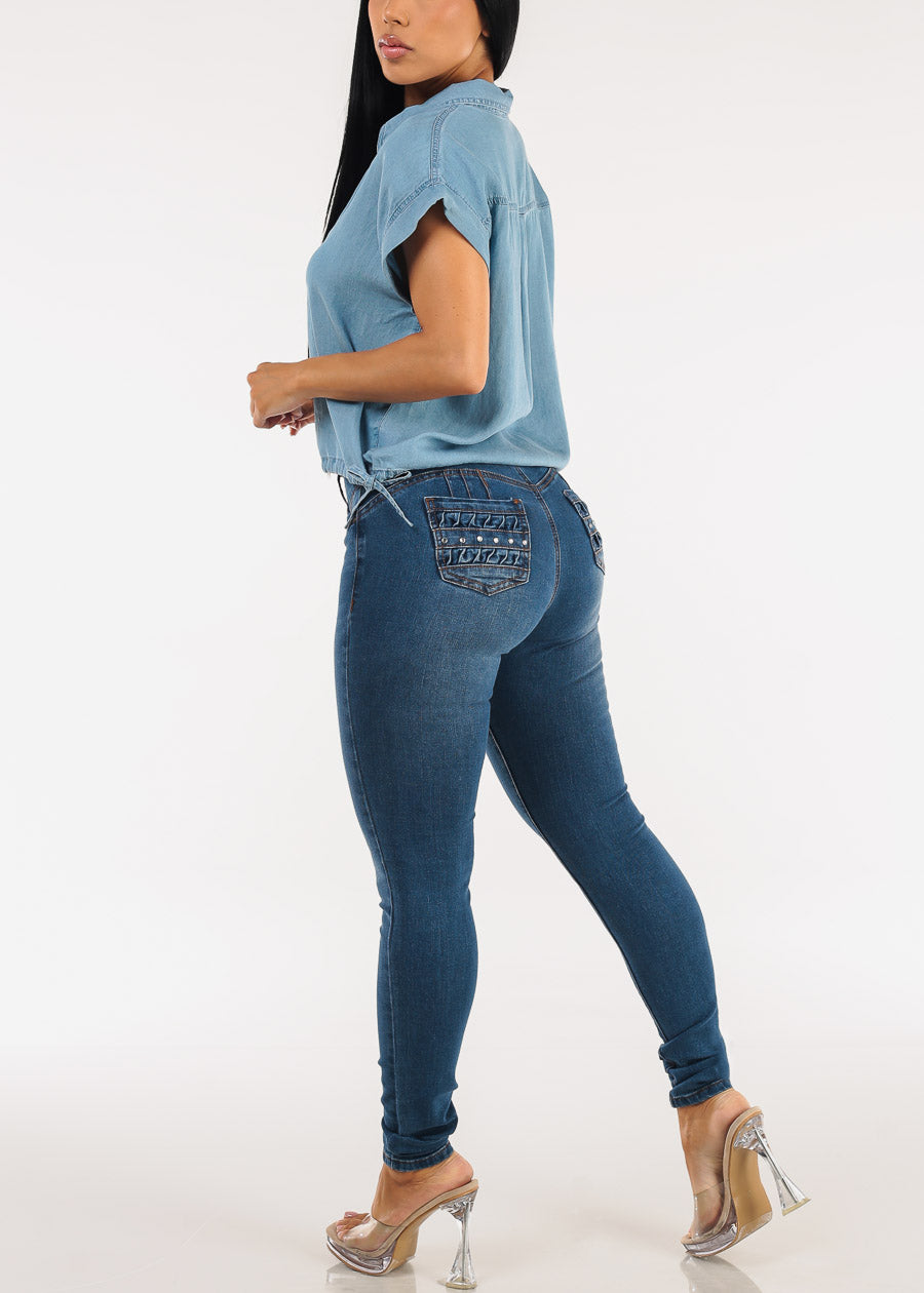 Levantacola Mid Rise Stretch Skinny Jeans Med Wash