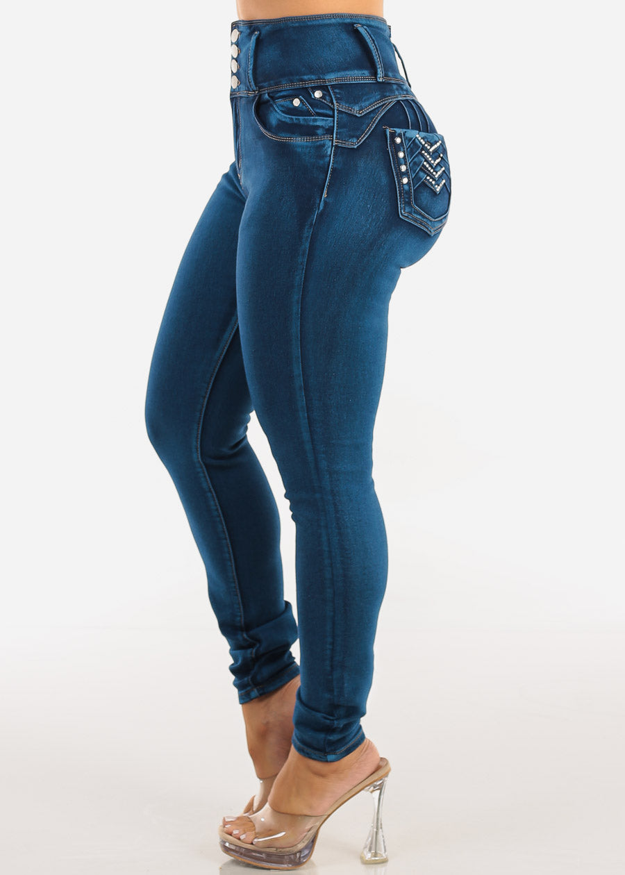 Butt Lift Super High Waist Stretch Skinny Jeans Med Sand Wash