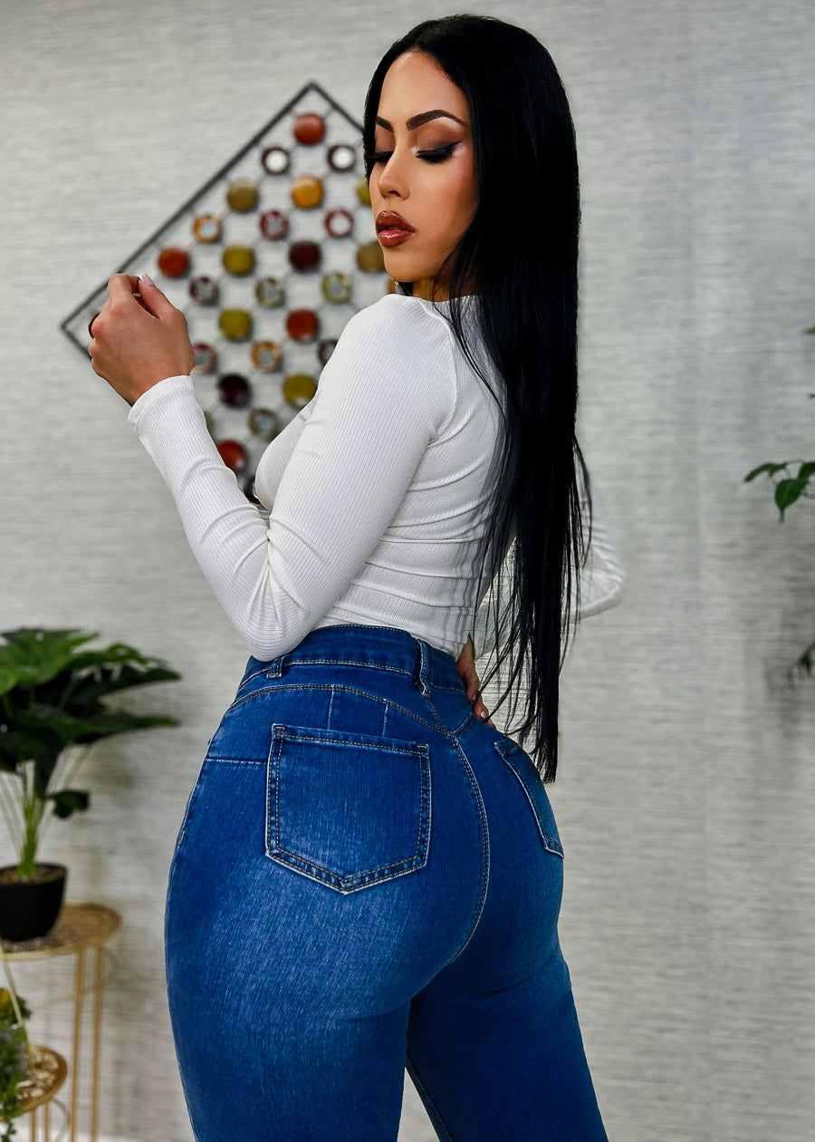 Classic One Button Butt Lifting Bootcut Jeans Med Blue