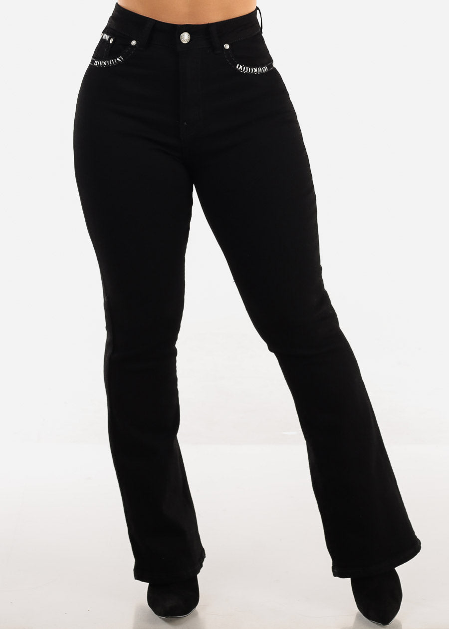 Black Super High Waist Bootcut Jeans w Back Pocket Design