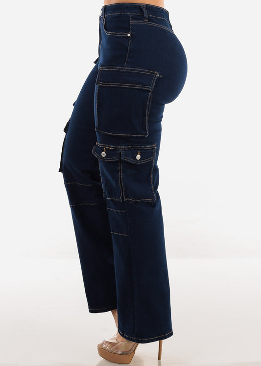 Super High Waist Straight Wide Leg Cargo Jeans Dark Blue