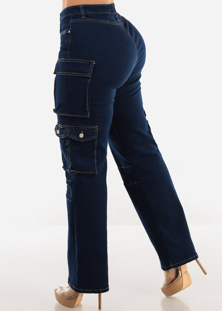 Super High Waist Straight Wide Leg Cargo Jeans Dark Blue