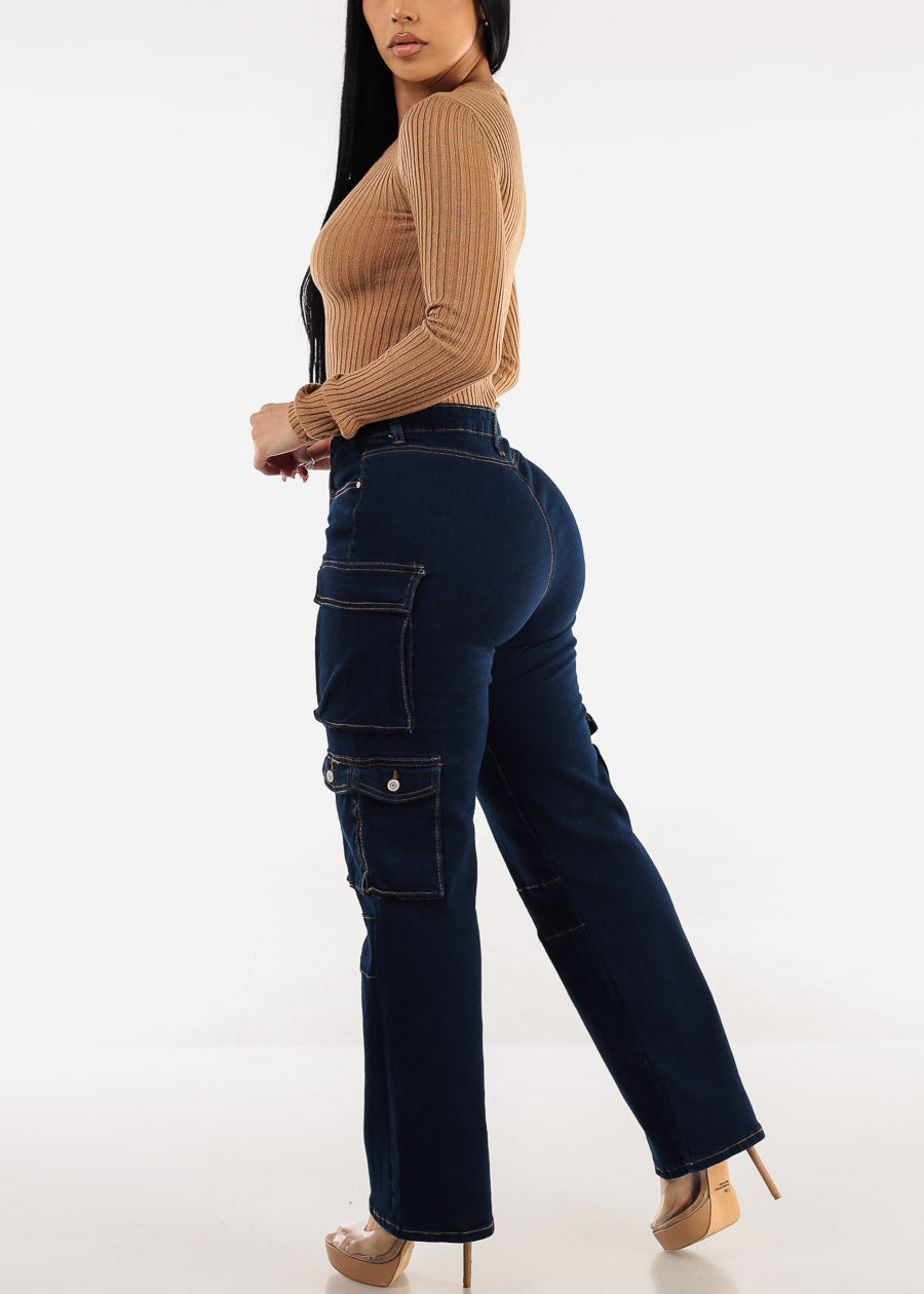 Super High Waist Straight Wide Leg Cargo Jeans Dark Blue