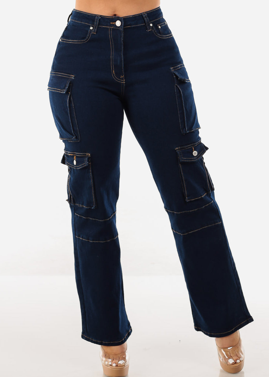 Super High Waist Straight Wide Leg Cargo Jeans Dark Blue