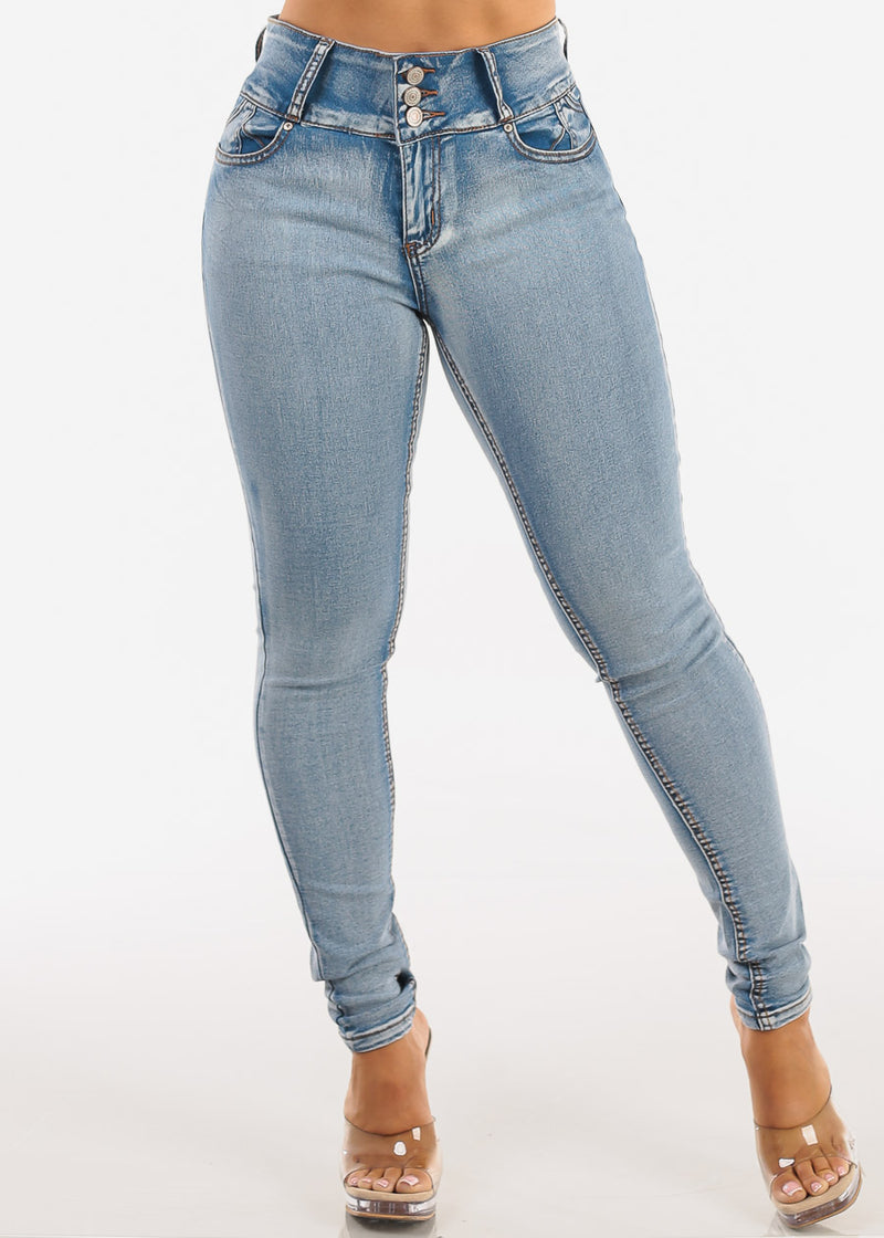 Butt Lift High Waist Chain Pocket Skinny Jeans Acid Wash