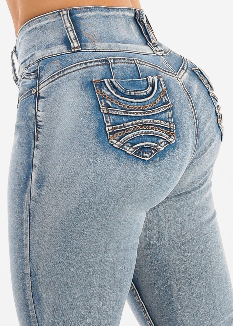 Butt Lift High Waist Chain Pocket Skinny Jeans Acid Wash