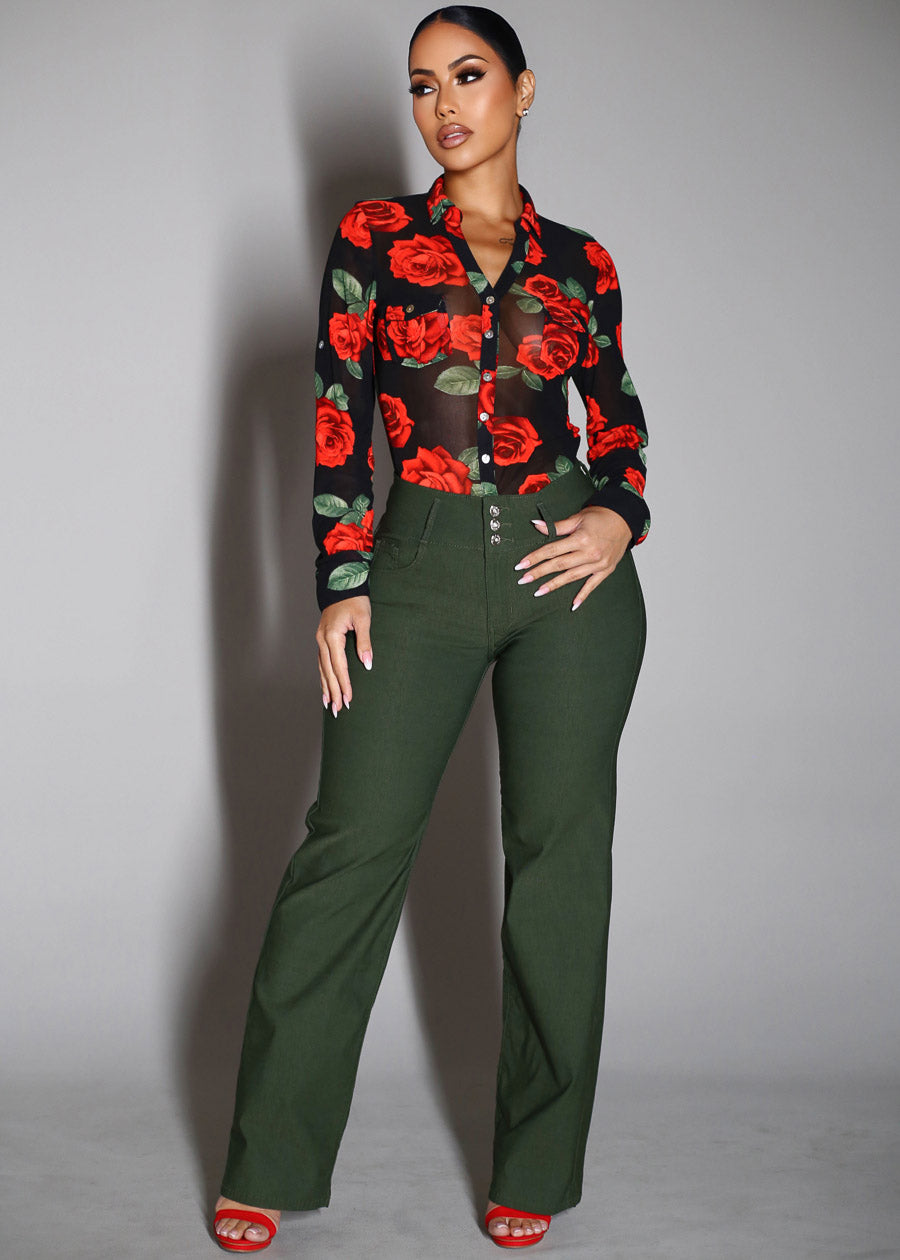 MX JEANS Butt Lift Hyper Stretch Straight Wide Leg Pants Olive