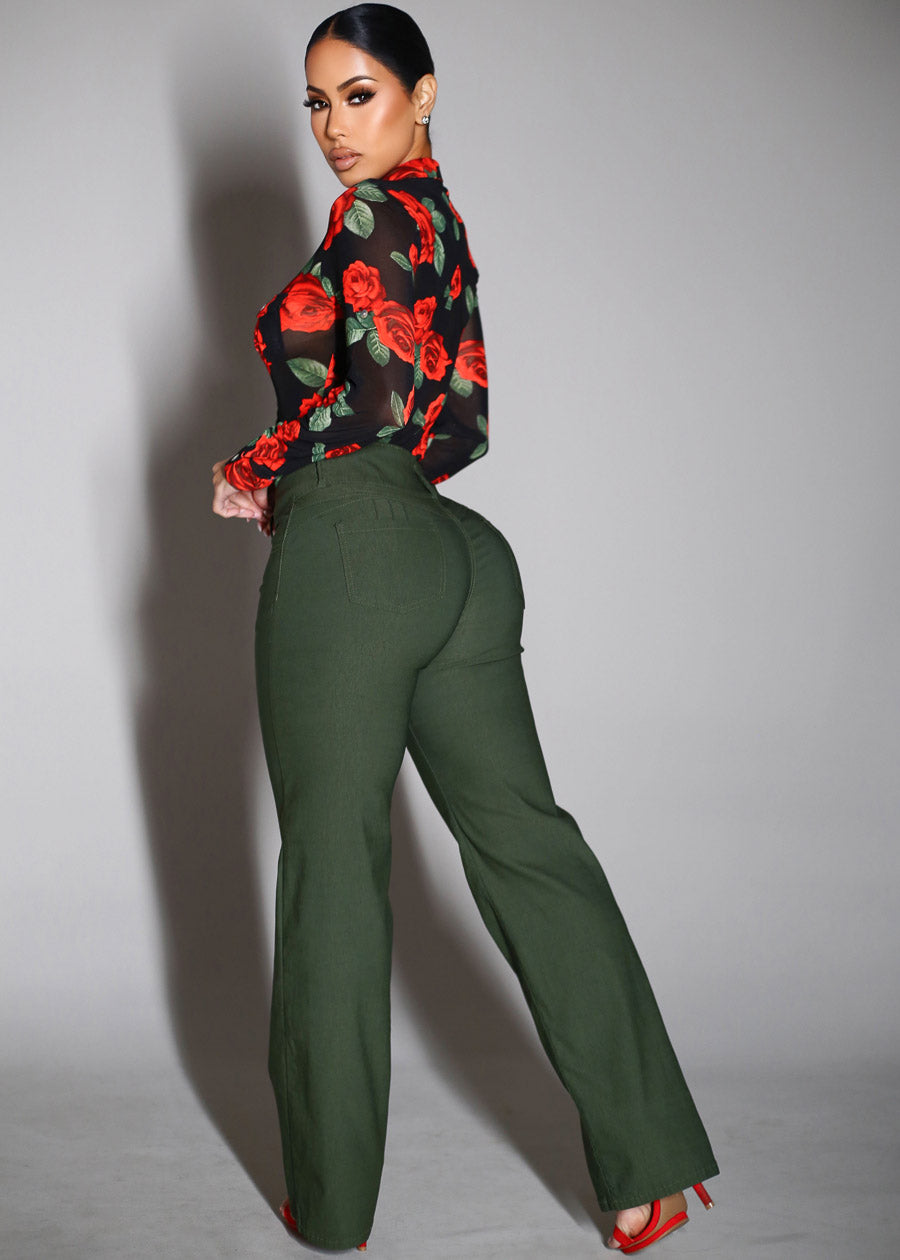 MX JEANS Butt Lift Hyper Stretch Straight Wide Leg Pants Olive