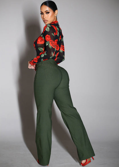 MX JEANS Butt Lift Hyper Stretch Straight Wide Leg Pants Olive