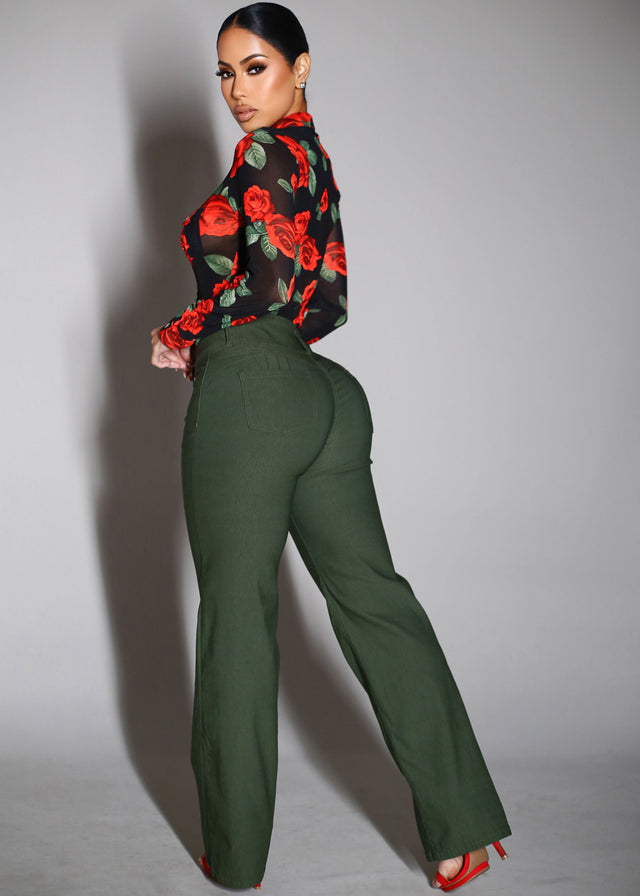 MX JEANS Butt Lift Hyper Stretch Straight Wide Leg Pants Olive