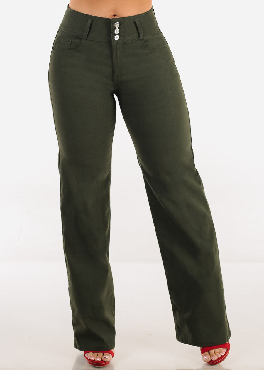 MX JEANS Butt Lift Hyper Stretch Straight Wide Leg Pants Olive