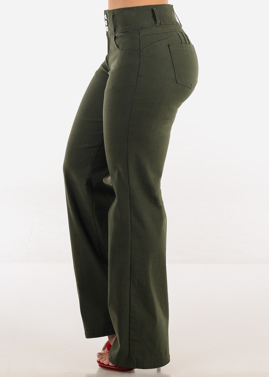 MX JEANS Butt Lift Hyper Stretch Straight Wide Leg Pants Olive