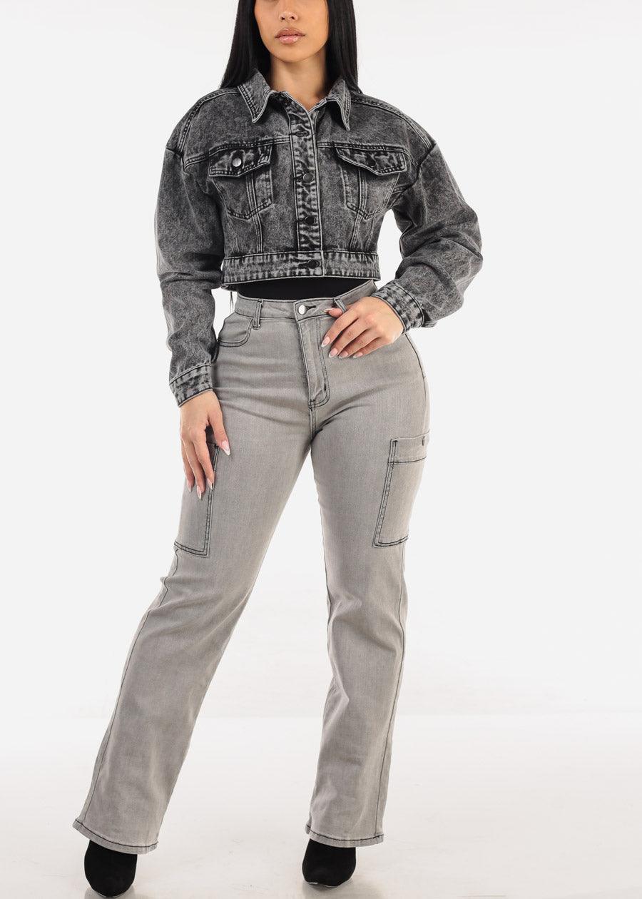 Long Sleeve Button Up Crop Denim Jacket Black Acid Wash