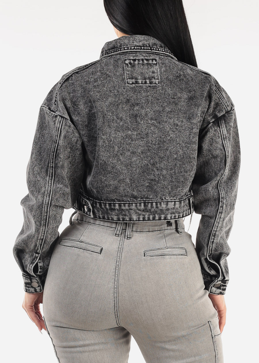 Long Sleeve Button Up Crop Denim Jacket Black Acid Wash