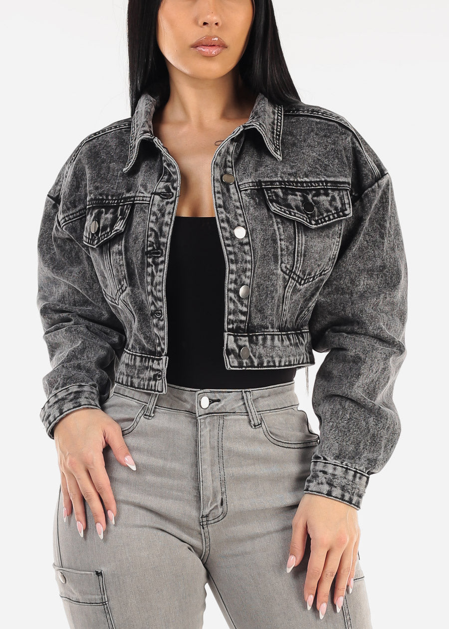 Long Sleeve Button Up Crop Denim Jacket Black Acid Wash