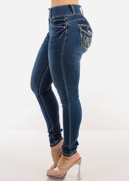 Butt Lift High Waist Dark Skinny Jeans w Back Pocket Design