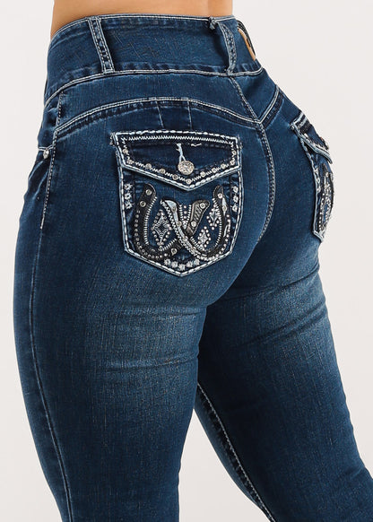 Butt Lift High Waist Dark Skinny Jeans w Back Pocket Design