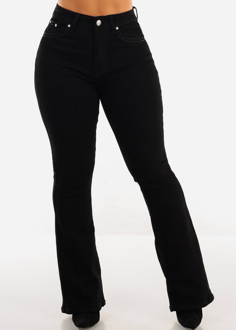 High Waist Black Bootcut Jeans w Back Pocket Design