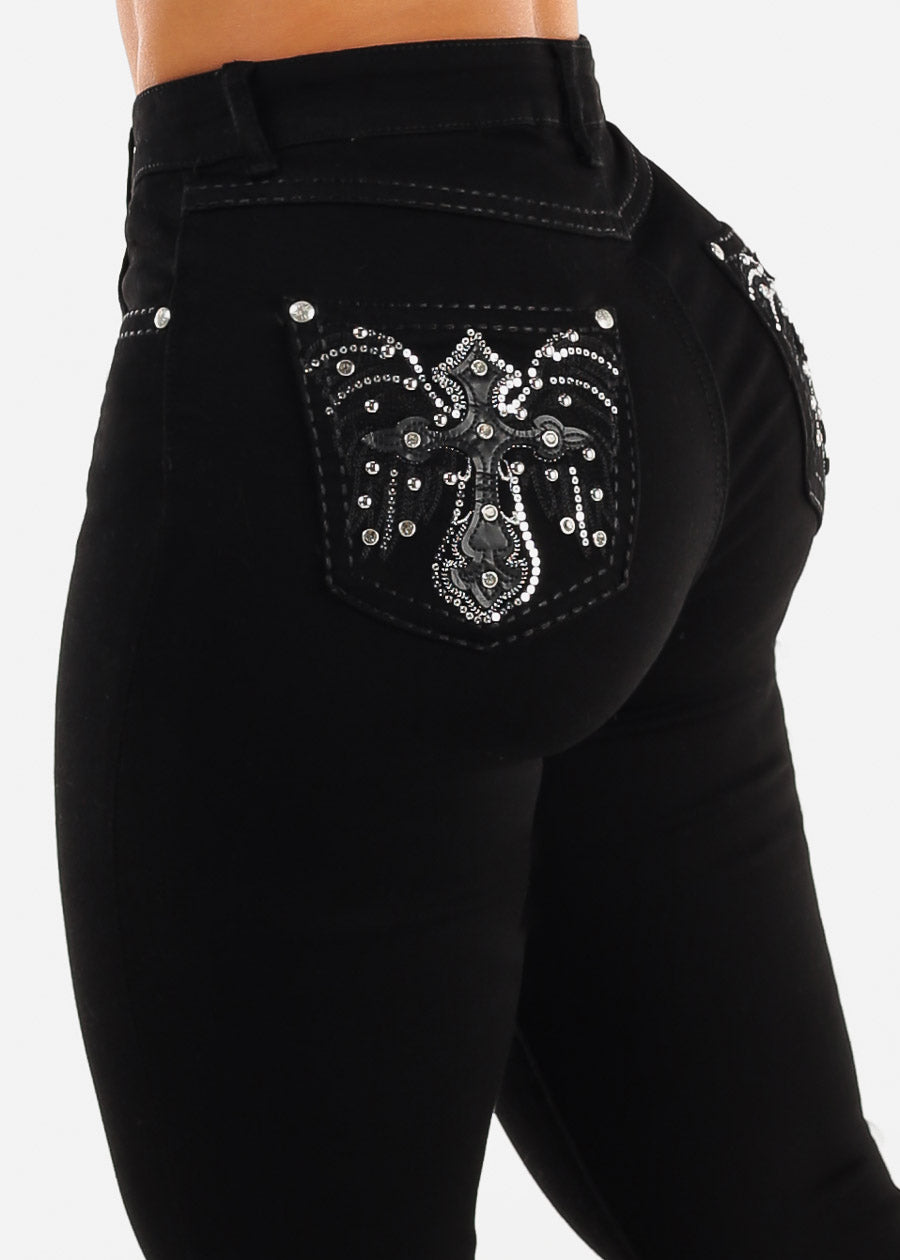 High Waist Black Bootcut Jeans w Back Pocket Design