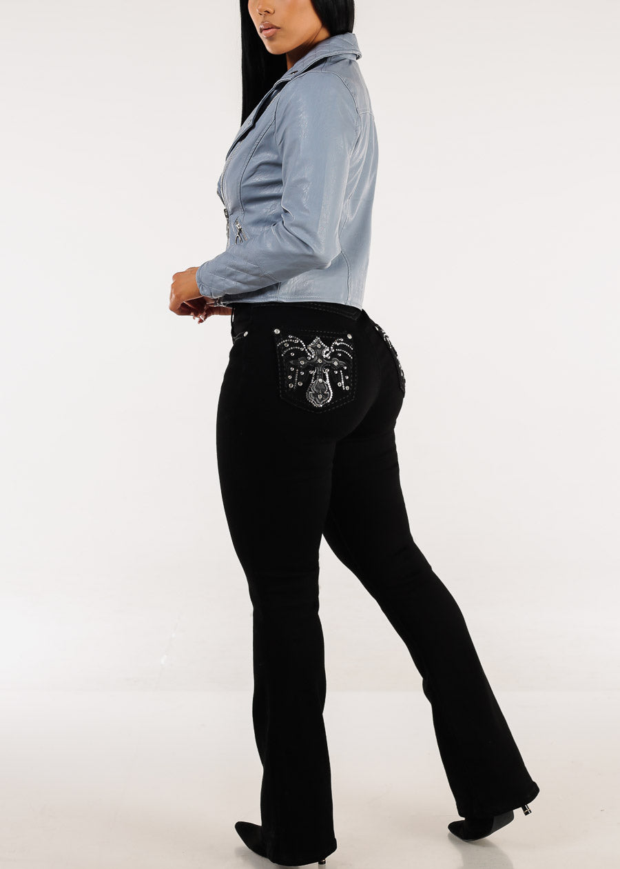 High Waist Black Bootcut Jeans w Back Pocket Design