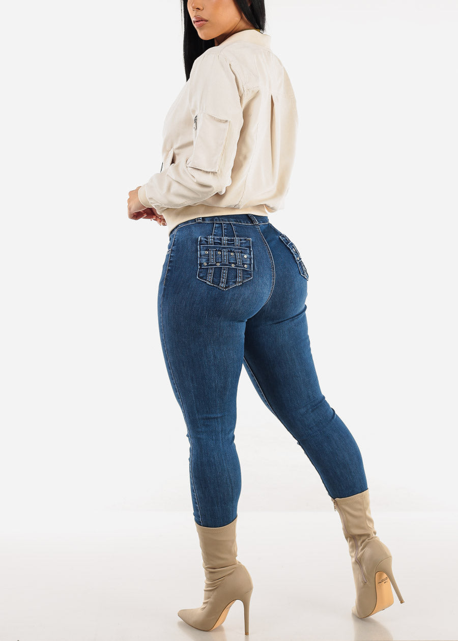 Butt Lift High Waist Skinny Jeans Dark Bleach Wash