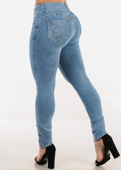 Butt Lift Mid Rise Stretch Skinny Jeans Light Acid Wash