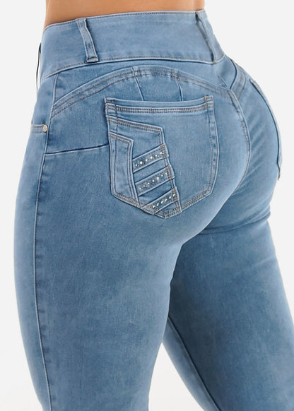Butt Lift Mid Rise Stretch Skinny Jeans Light Acid Wash
