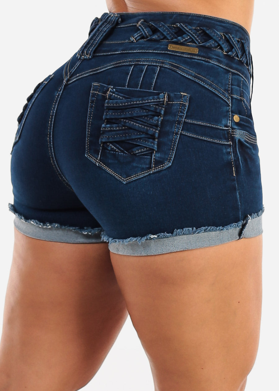 MX JEANS Butt Lift High Waist Dark Cuffed Denim Shorts w Lace Up Design