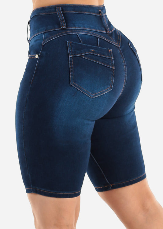 High Waisted Butt Lift Dark Denim Bermuda Shorts 