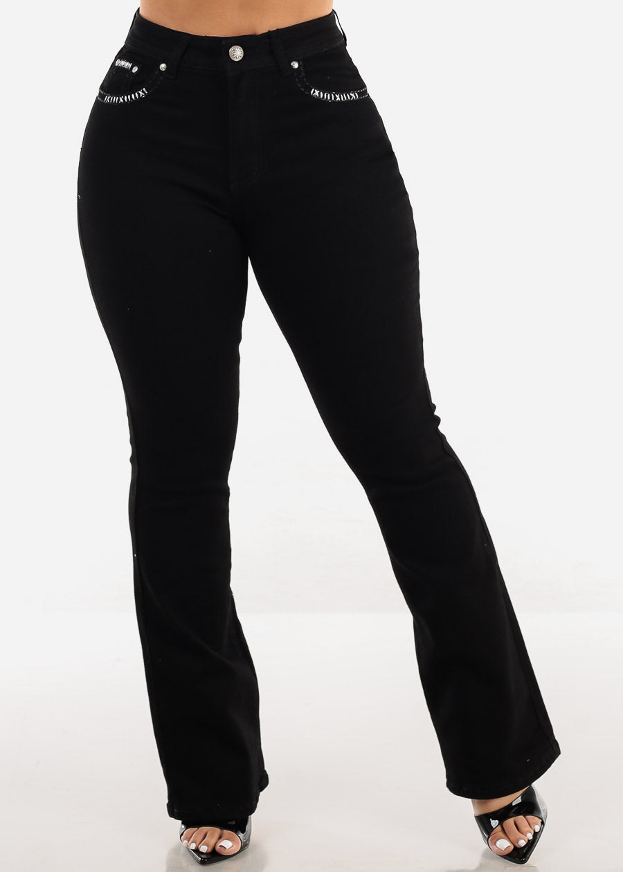 Super High Waist Black Bootcut Jeans w Back Pocket Design