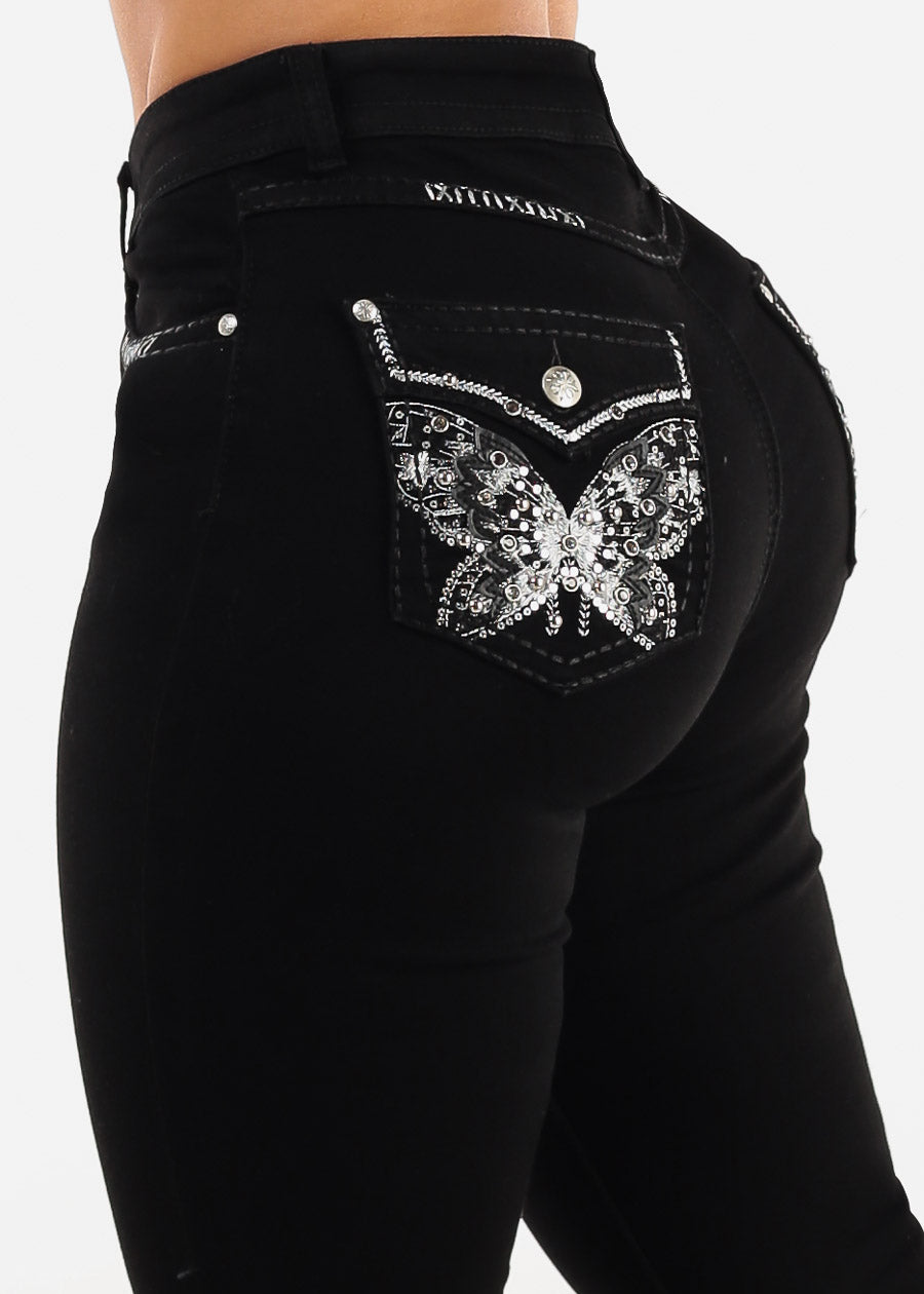 Super High Waist Black Bootcut Jeans w Back Pocket Design