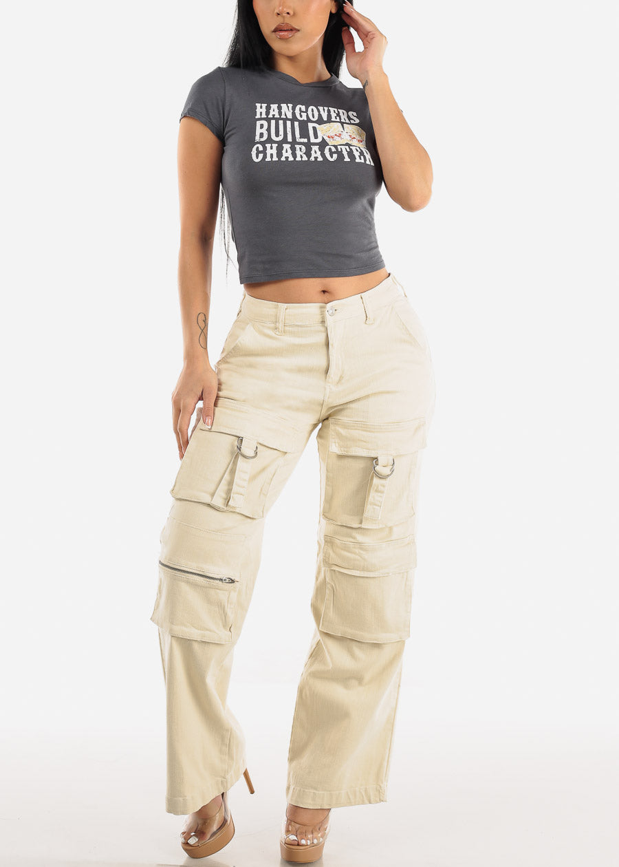 High Waist Wide Straight Leg Stretch Cargo Jeans Beige