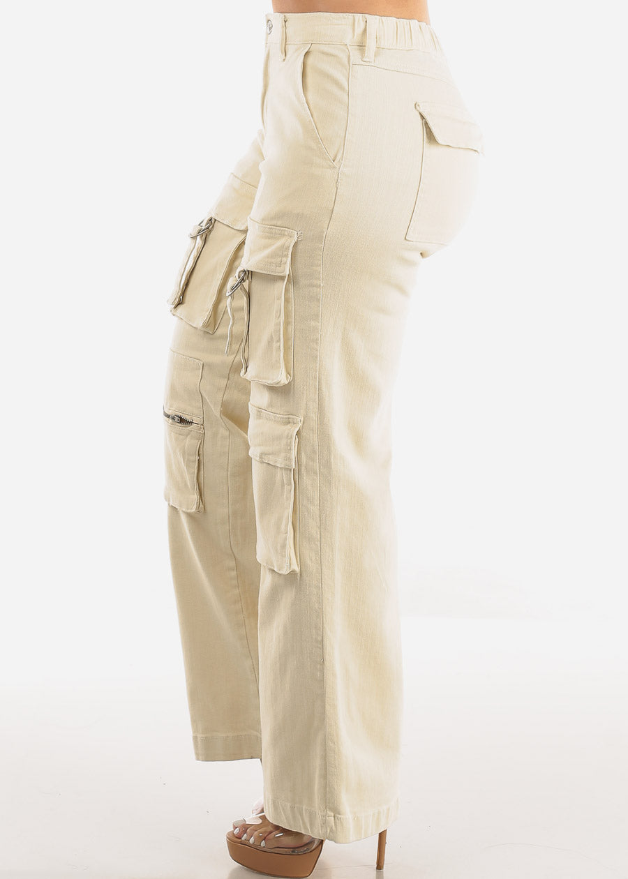 High Waist Wide Straight Leg Stretch Cargo Jeans Beige