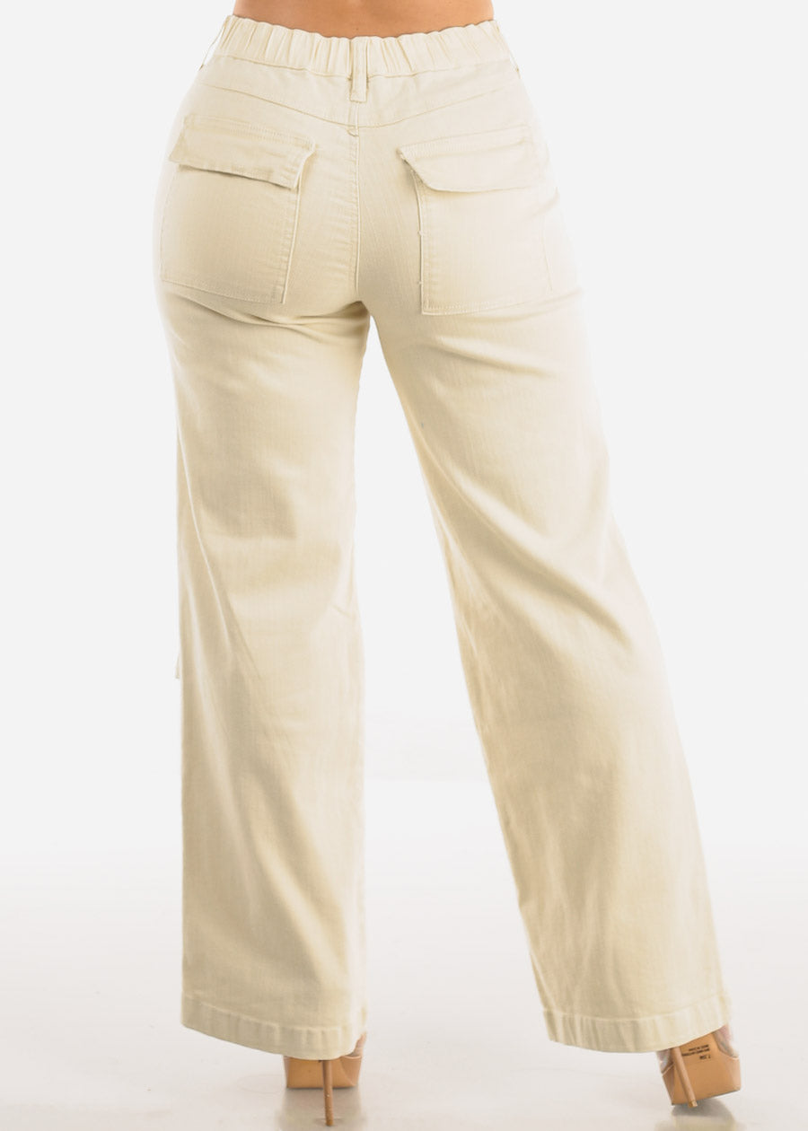 High Waist Wide Straight Leg Stretch Cargo Jeans Beige