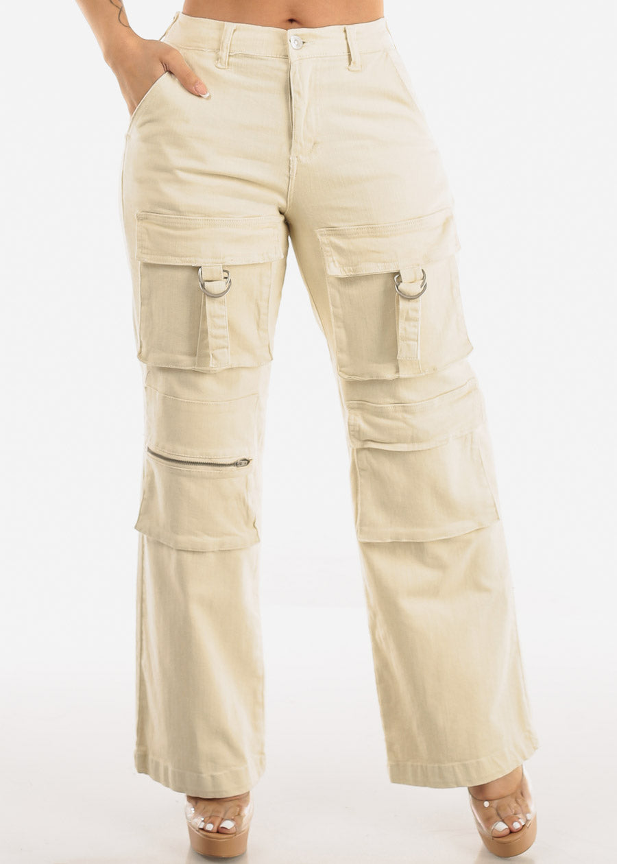 High Waist Wide Straight Leg Stretch Cargo Jeans Beige