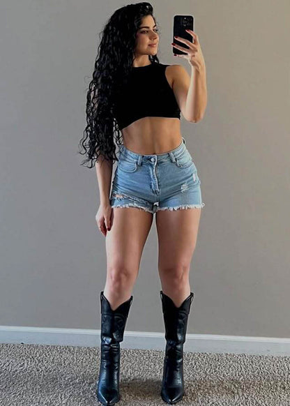 Super High Waist Ripped Cut Off Light Denim Shorts