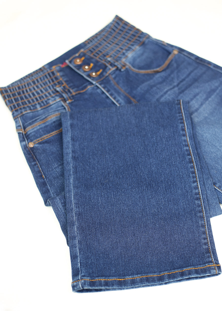 MX JEANS Butt Lift 3 Button Spandex Waist Straight Wide Leg Jeans Dark Blue