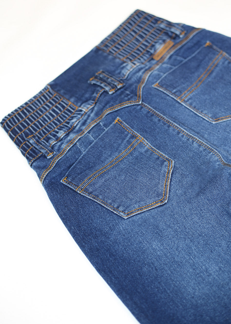 MX JEANS Butt Lift 3 Button Spandex Waist Straight Wide Leg Jeans Dark Blue