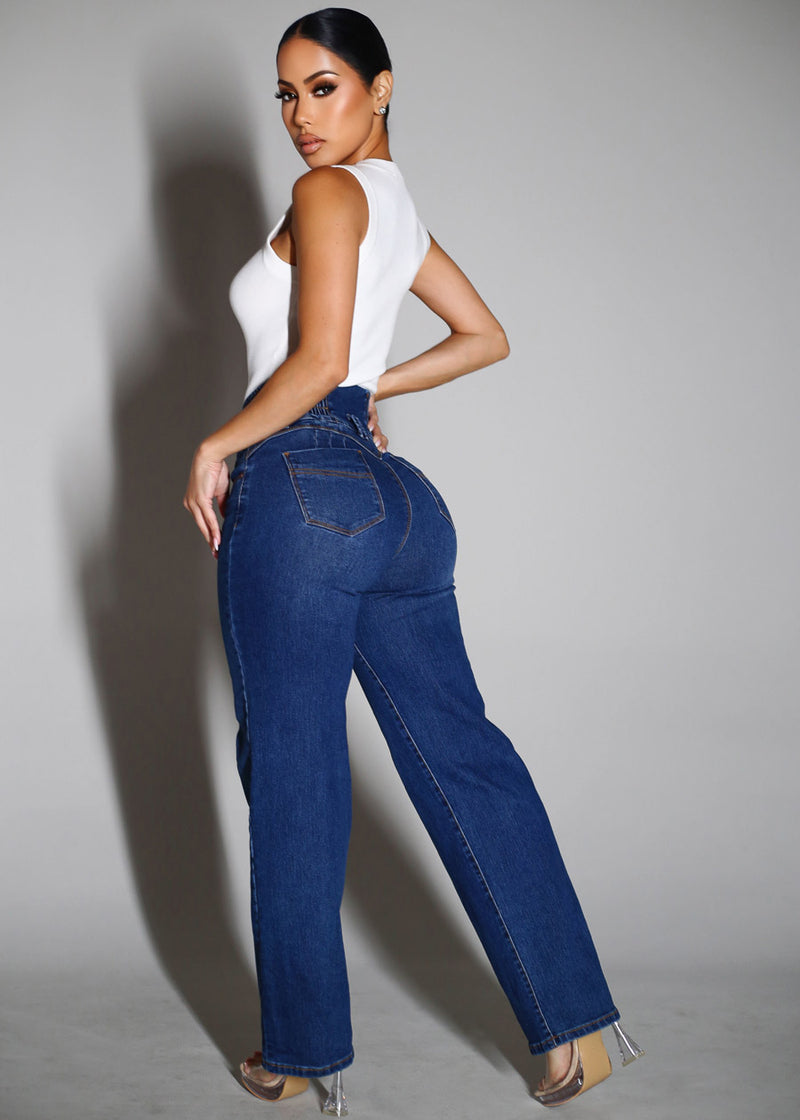 MX JEANS Butt Lift 3 Button Spandex Waist Straight Wide Leg Jeans Dark Blue