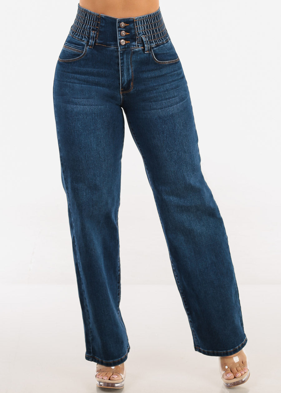 MX JEANS Butt Lift 3 Button Spandex Waist Straight Wide Leg Jeans Dark Blue