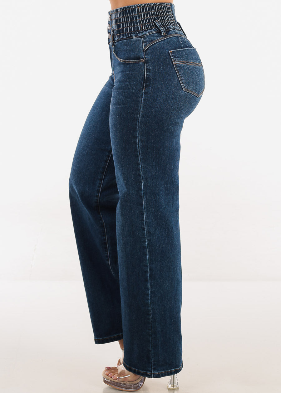 MX JEANS Butt Lift 3 Button Spandex Waist Straight Wide Leg Jeans Dark Blue