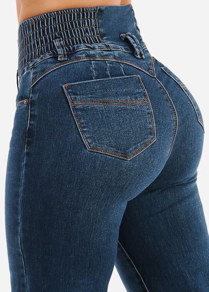 MX JEANS Butt Lift 3 Button Spandex Waist Straight Wide Leg Jeans Dark Blue